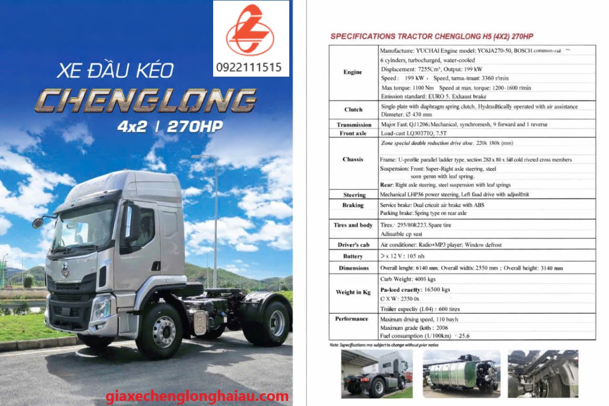 Th&ocirc;ng số kỹ thuật đầu k&eacute;o chenglong 270hp 