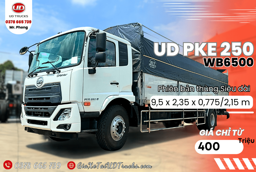 Xe Tải 8 Tấn UD PKE 250 WB6500 Thùng Mui Bạt Dài 9m5
