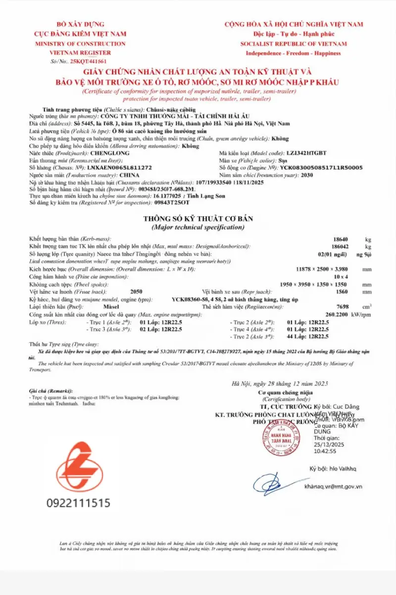 Phiếu xuất xưởng xe chenglong 5 ch&acirc;n